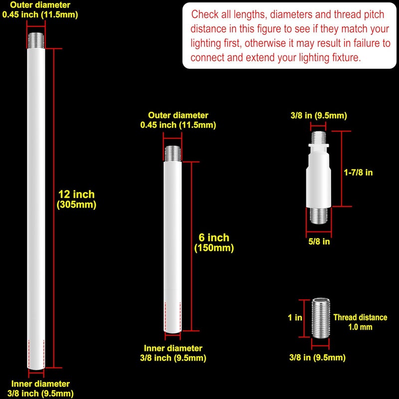 MAYOMAJO 8 Pieces M10 Threaded Extension Poles Lighting Fixture Downrods Stems & 180 Degrees Sloped Ceiling Adapter Kits for Pendant Light, Island Lighting, Chandeliers (White) - Image 2